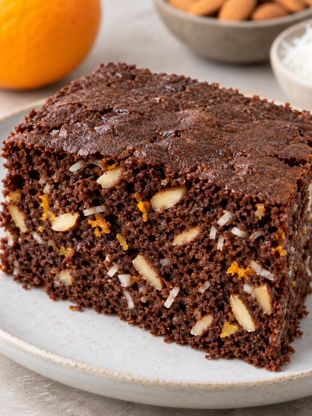 Chocolate sheet cake with orange and almonds — coconut