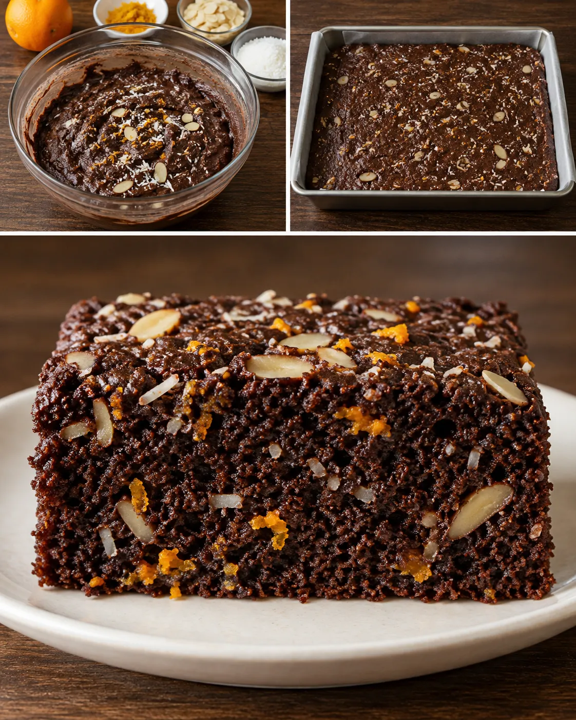 Chocolate sheet cake with orange and almonds — coconut