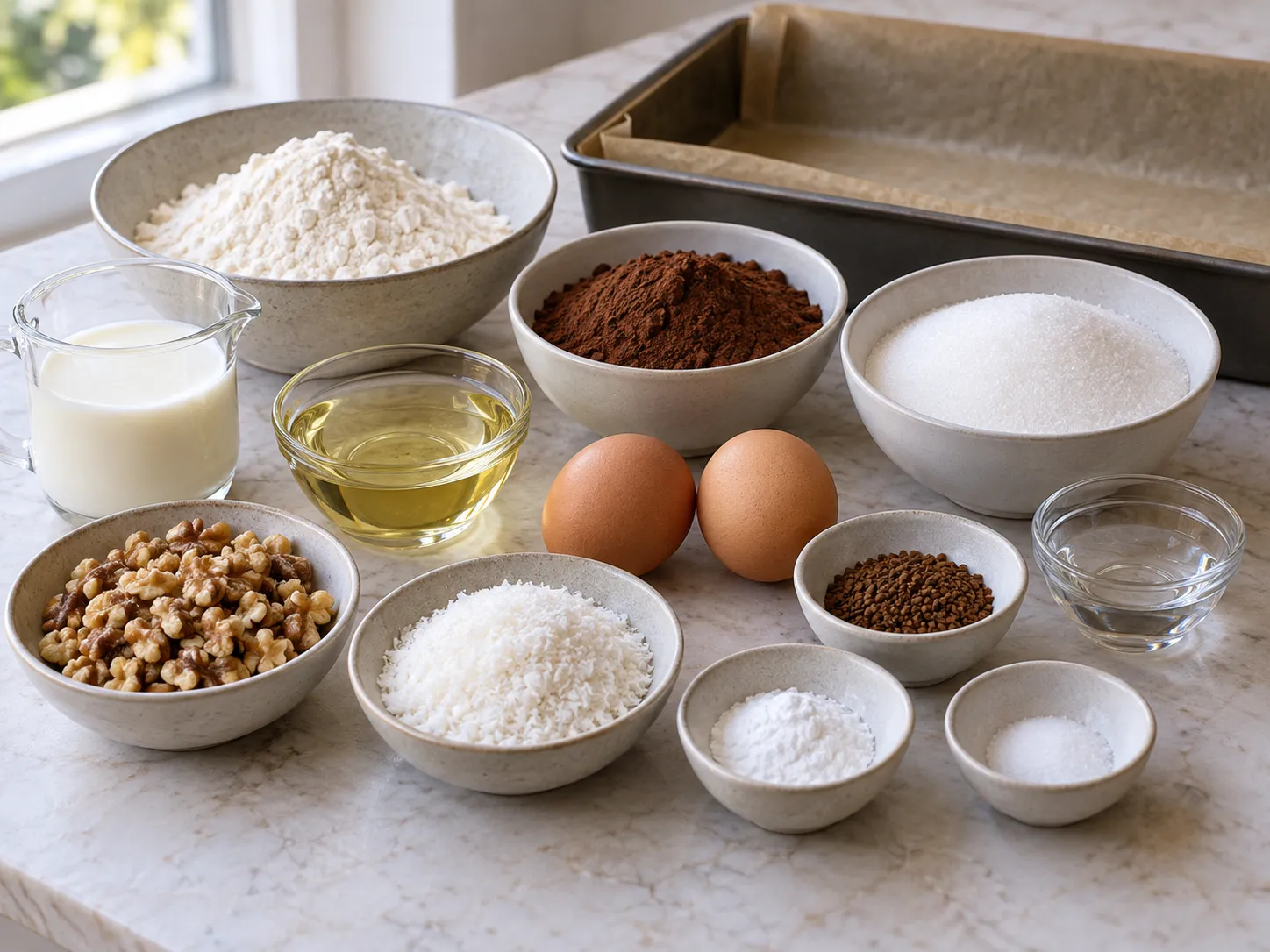all-purpose wheat flour, unsweetened cocoa powder, granulated sugar, baking powder