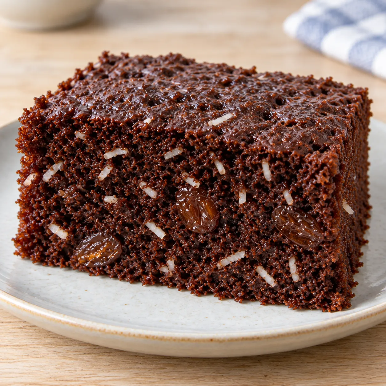 Chocolate sheet cake with vanilla and raisins — coconut