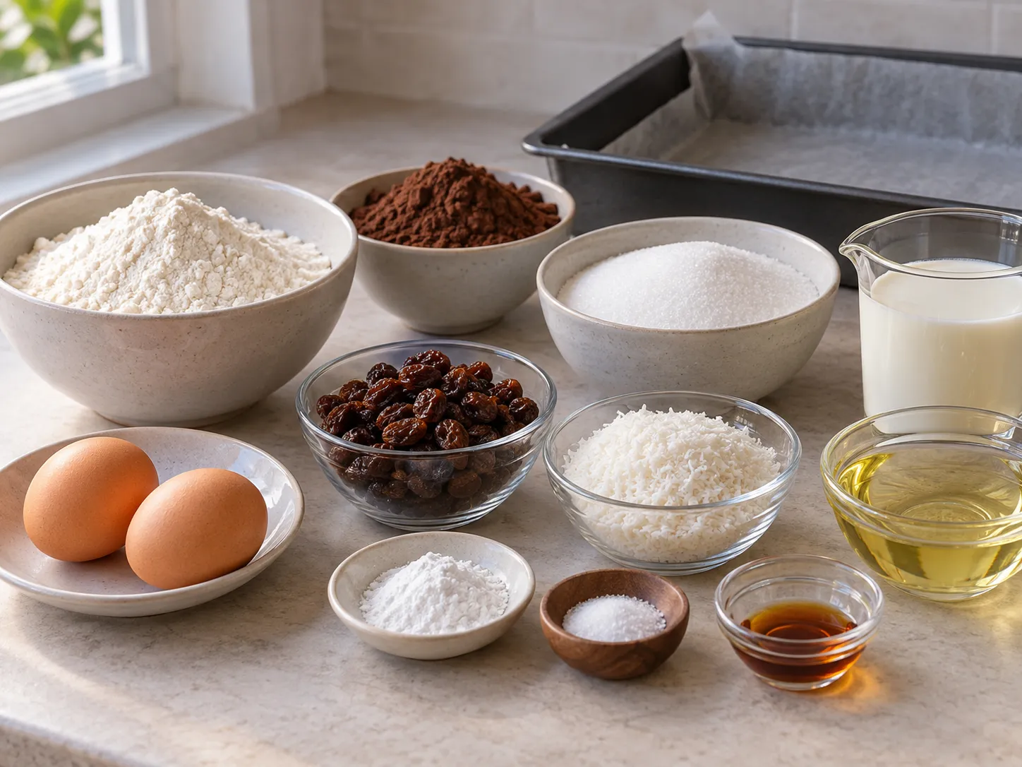 all-purpose wheat flour, unsweetened cocoa powder, granulated sugar, baking powder