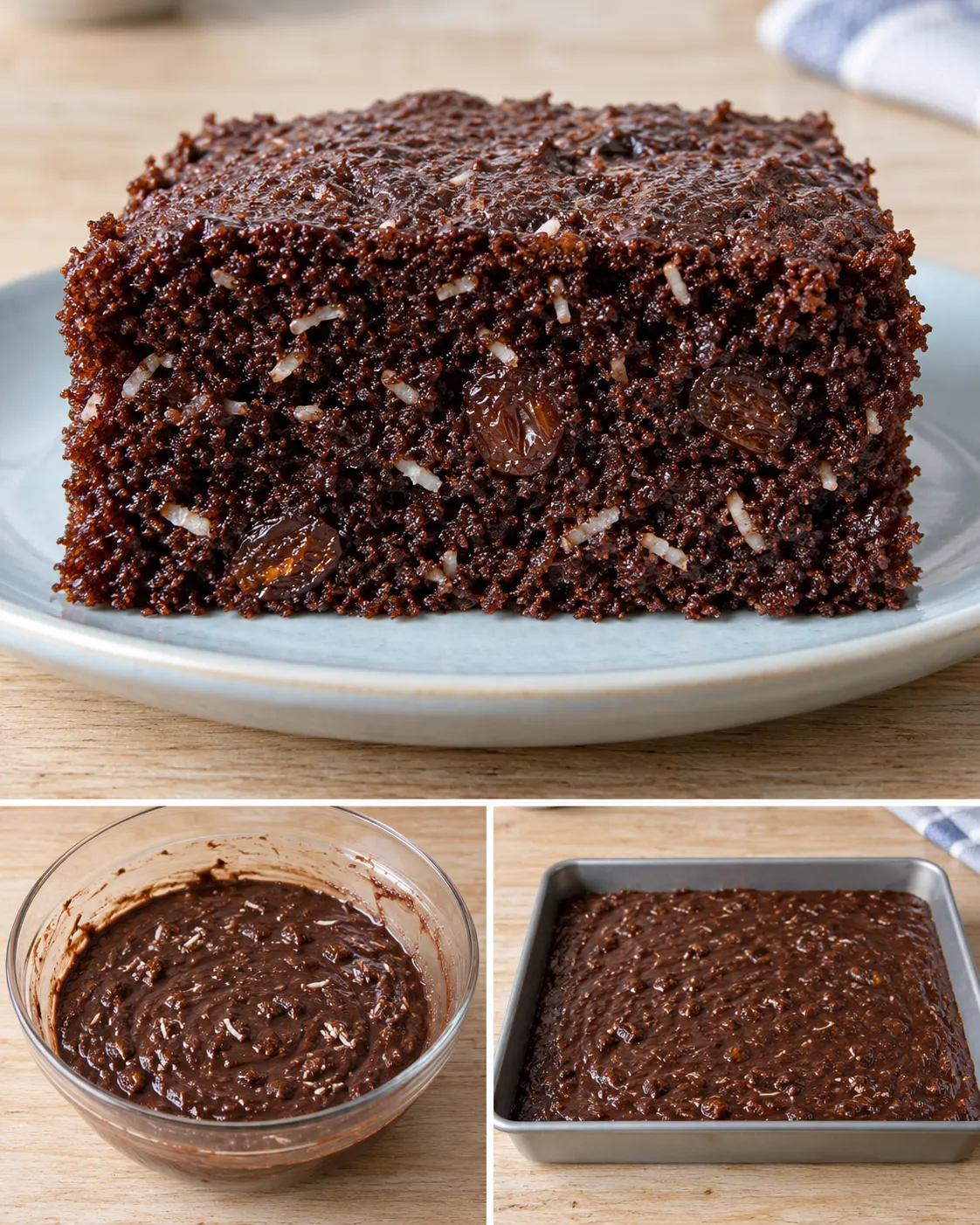Chocolate sheet cake with vanilla and raisins — coconut