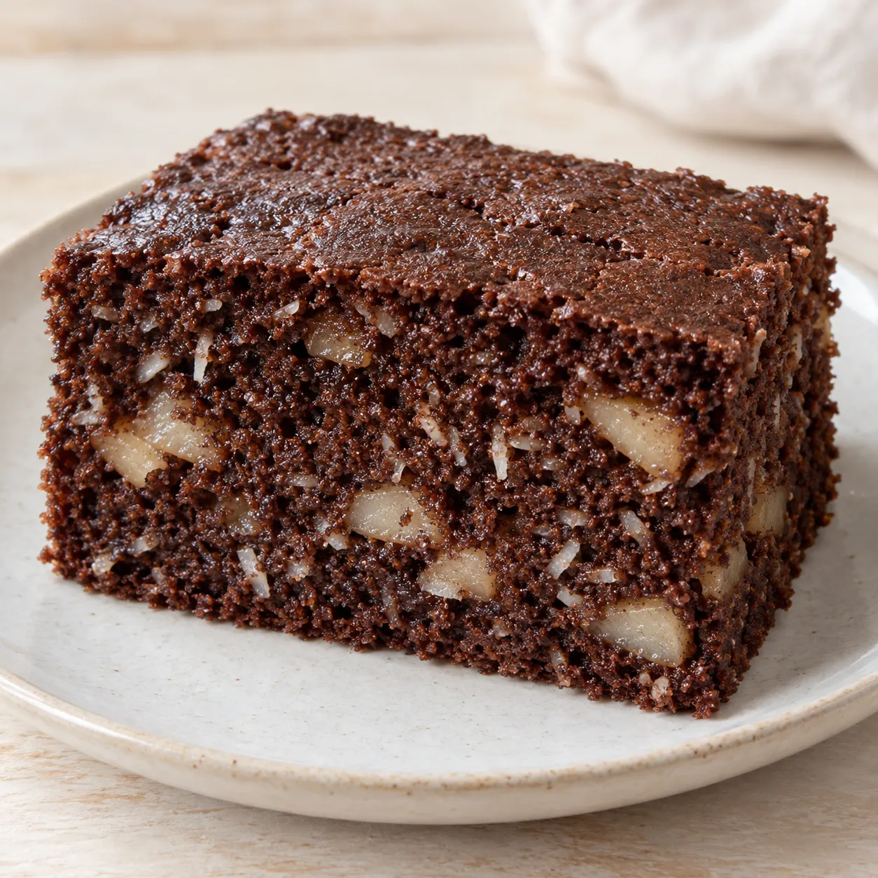 Chocolate sheet cake with cardamom and pear — coconut