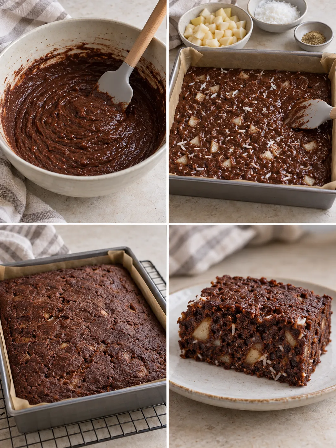 Chocolate sheet cake with cardamom and pear — coconut