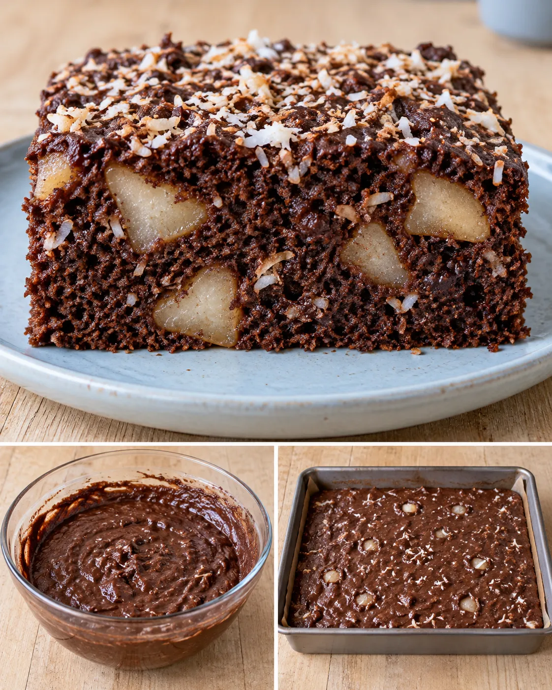 Chocolate sheet cake with cardamom and pear — coconut