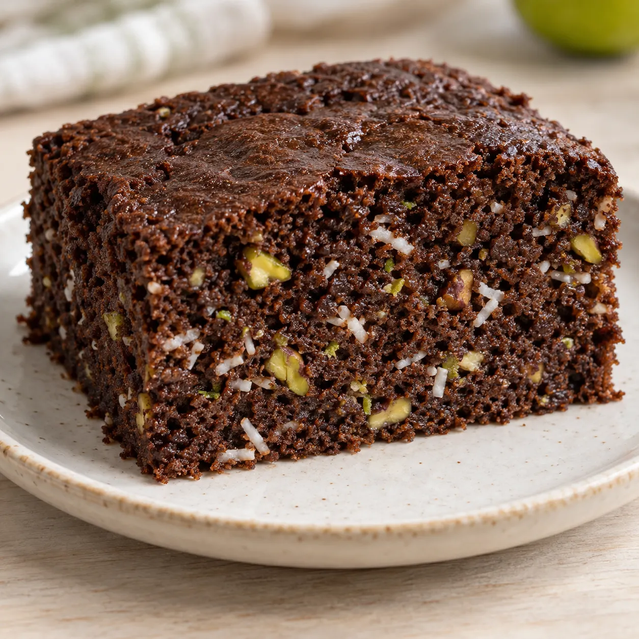 Chocolate sheet cake with coconut and lime — pistachios