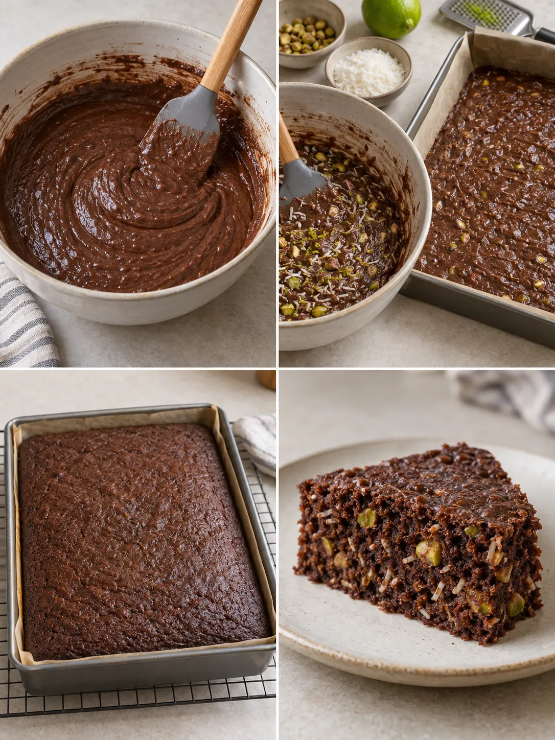 Chocolate sheet cake with coconut and lime — pistachios