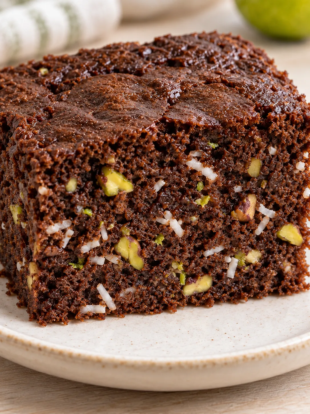Chocolate sheet cake with coconut and lime — pistachios