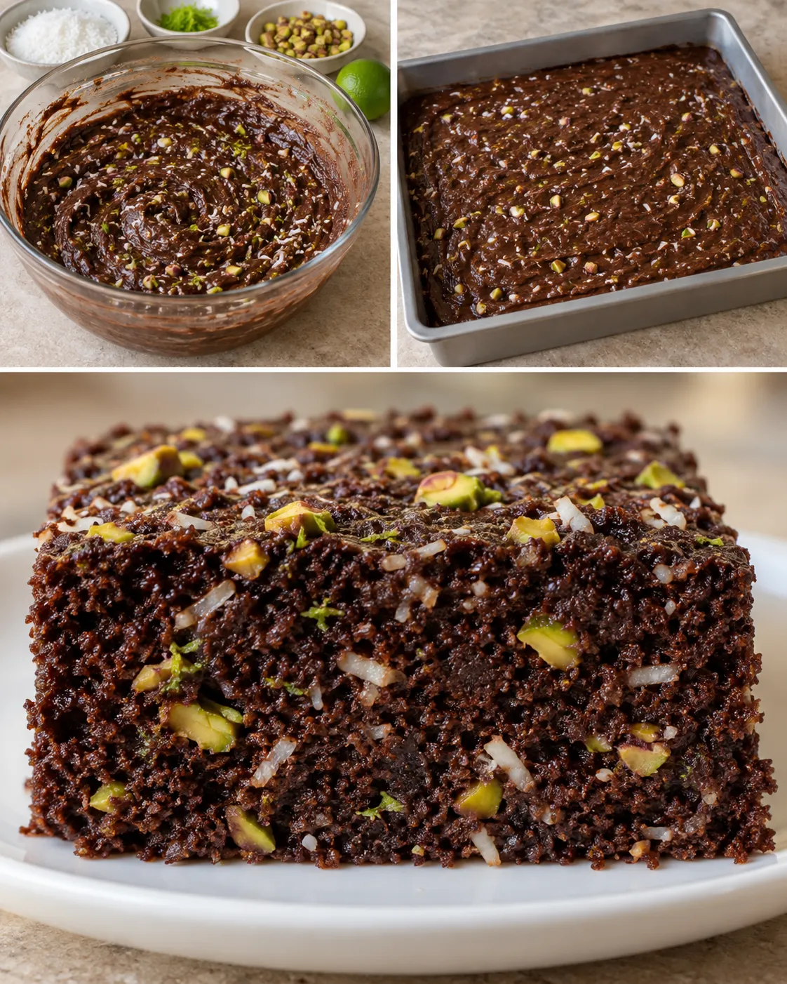 Chocolate sheet cake with coconut and lime — pistachios