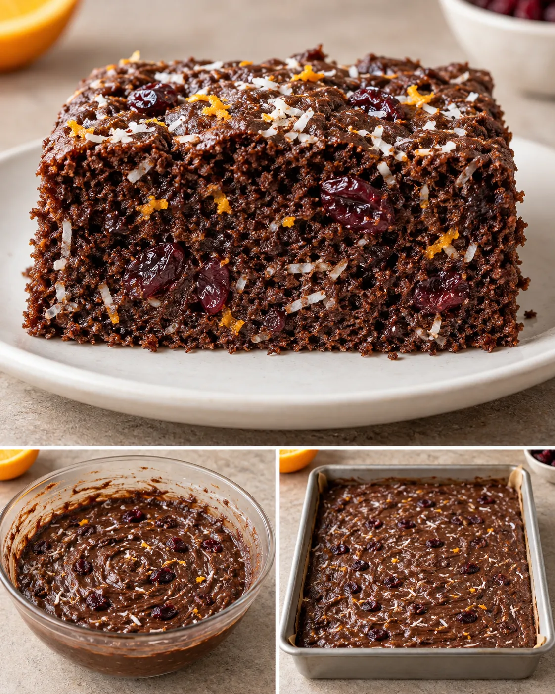 Chocolate sheet cake with cranberries and orange — coconut