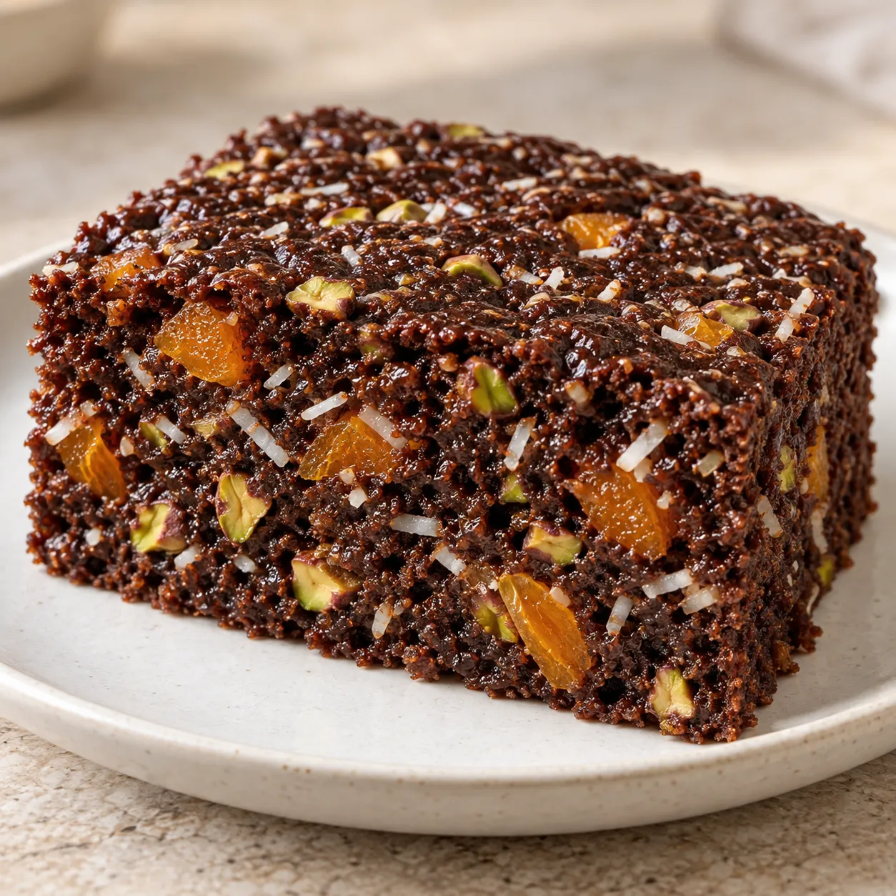 Chocolate sheet cake with apricots and pistachios — coconut