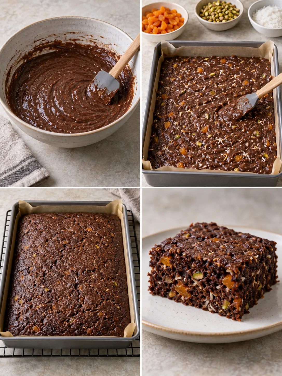 Chocolate sheet cake with apricots and pistachios — coconut