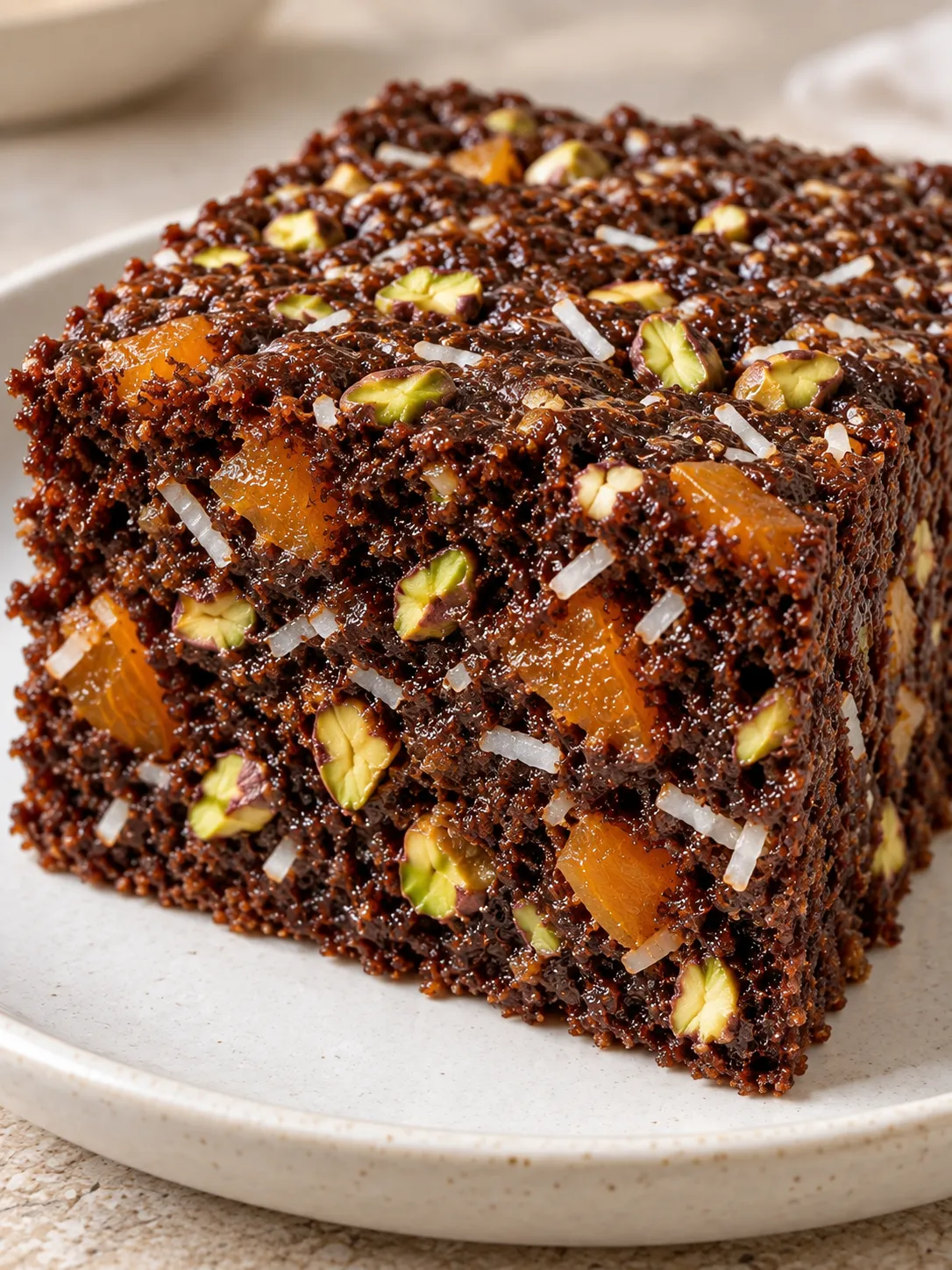 Chocolate sheet cake with apricots and pistachios — coconut