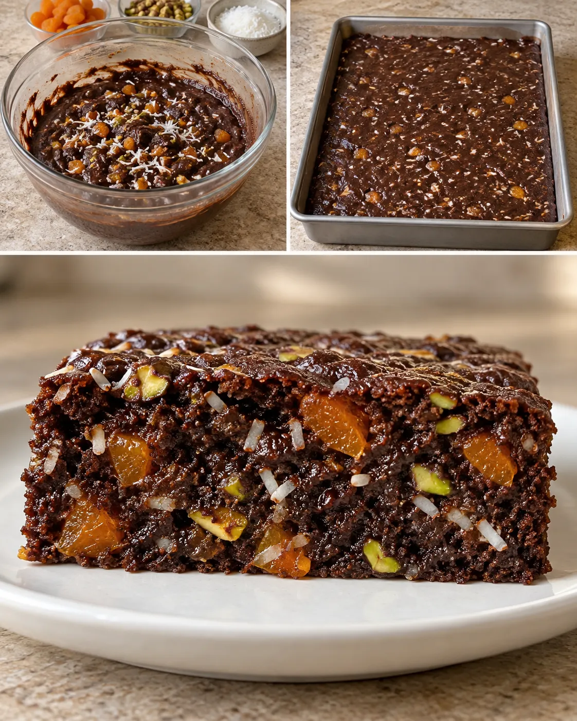 Chocolate sheet cake with apricots and pistachios — coconut