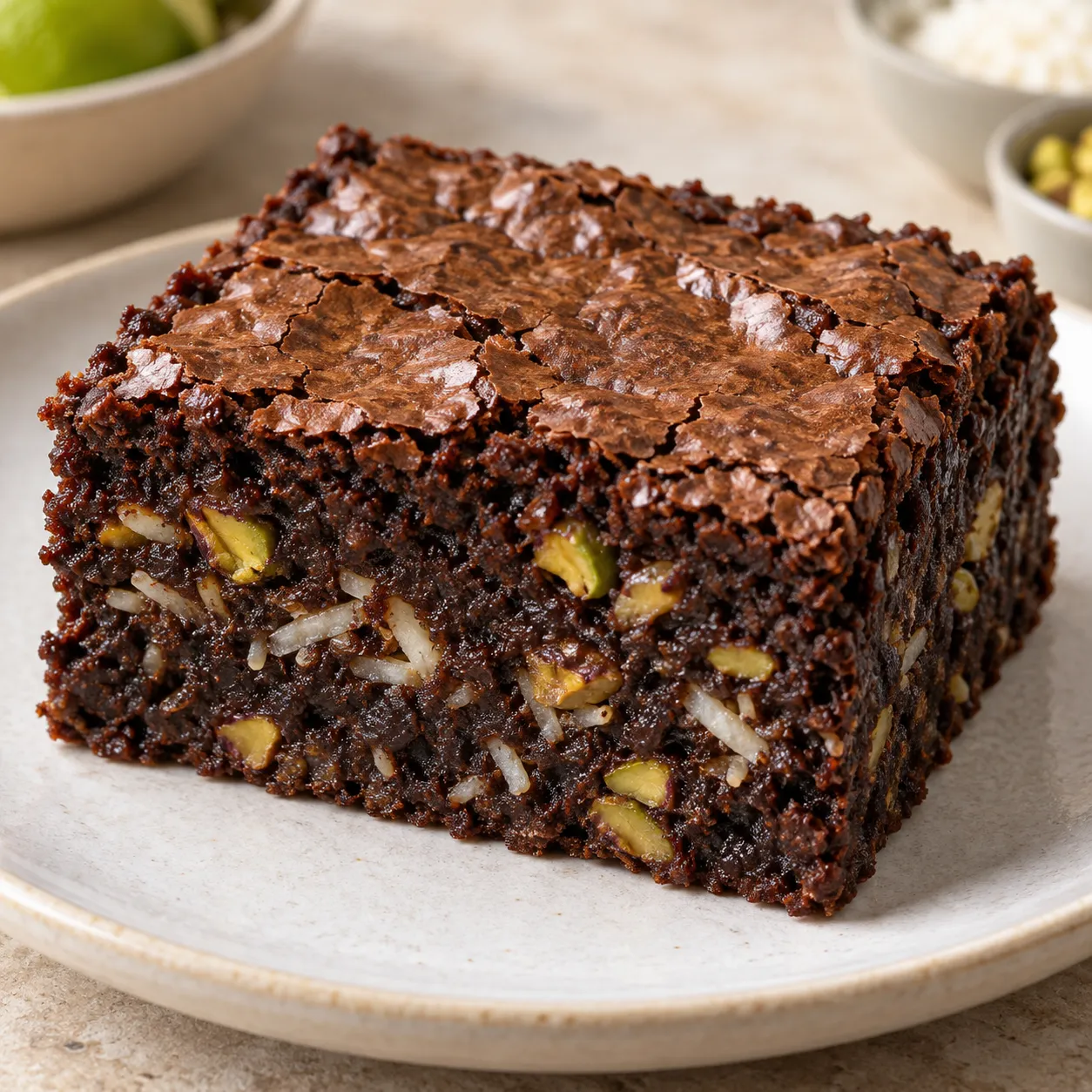 Brownies with coconut and lime — pistachios