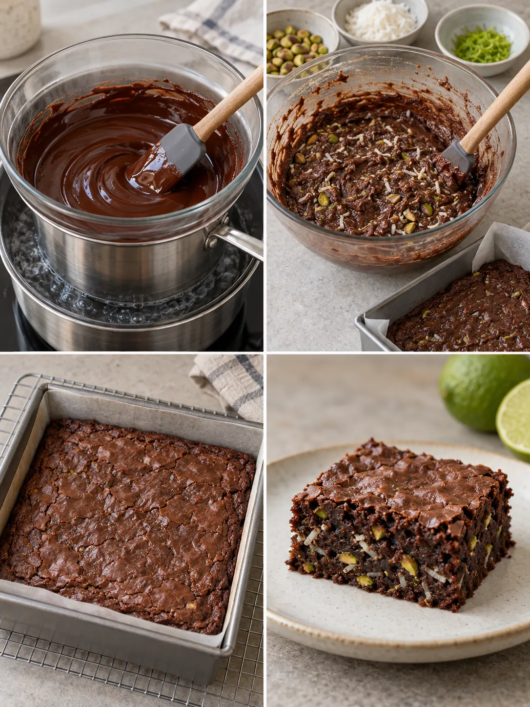 Brownies with coconut and lime — pistachios
