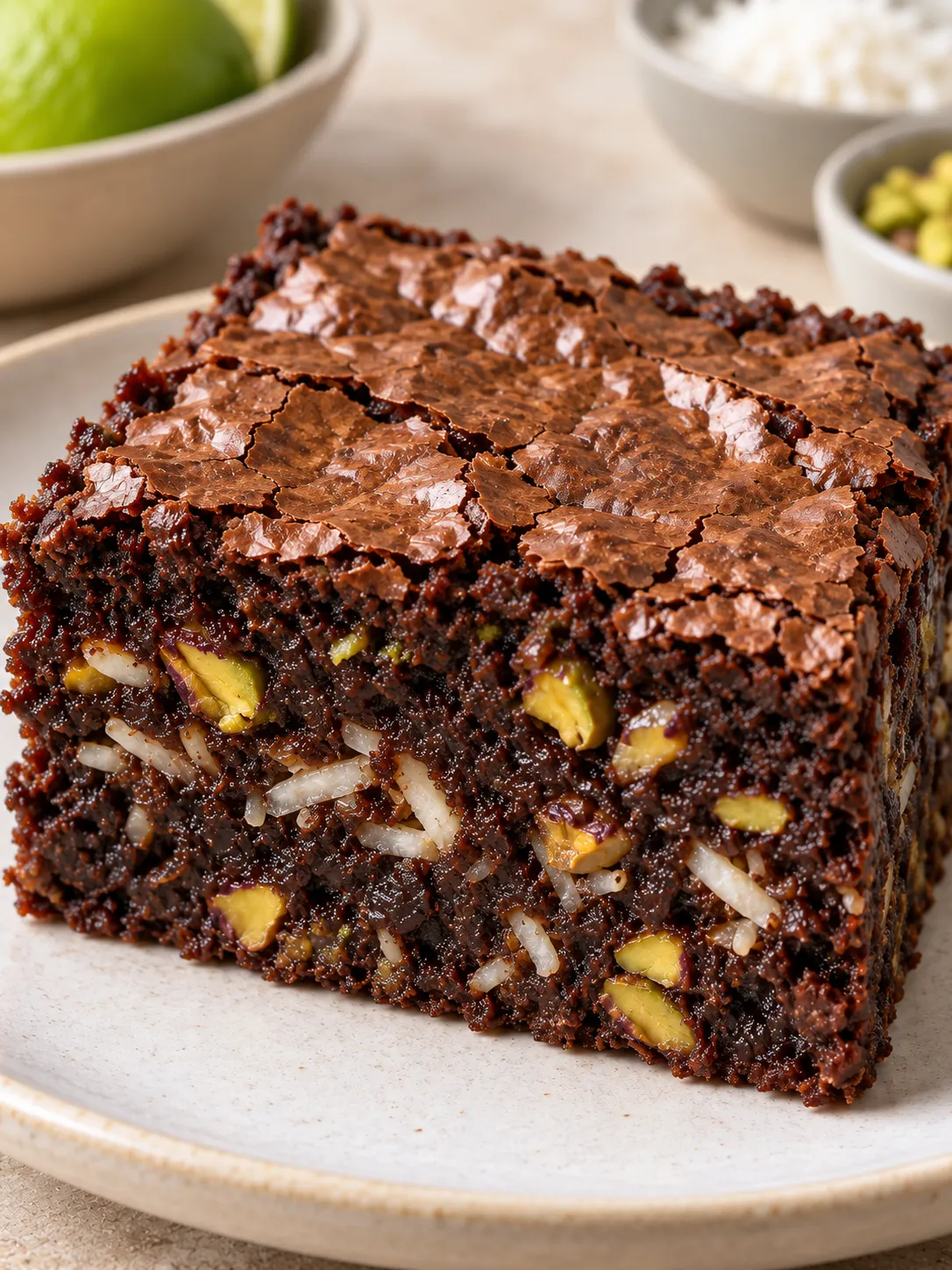 Brownies with coconut and lime — pistachios