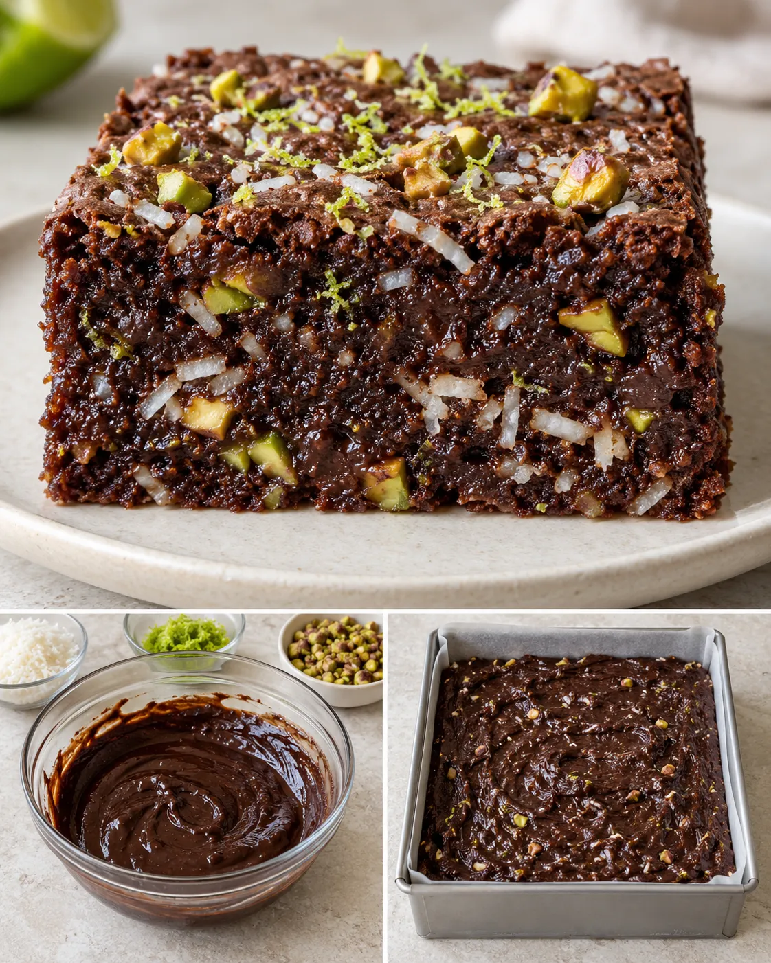 Brownies with coconut and lime — pistachios