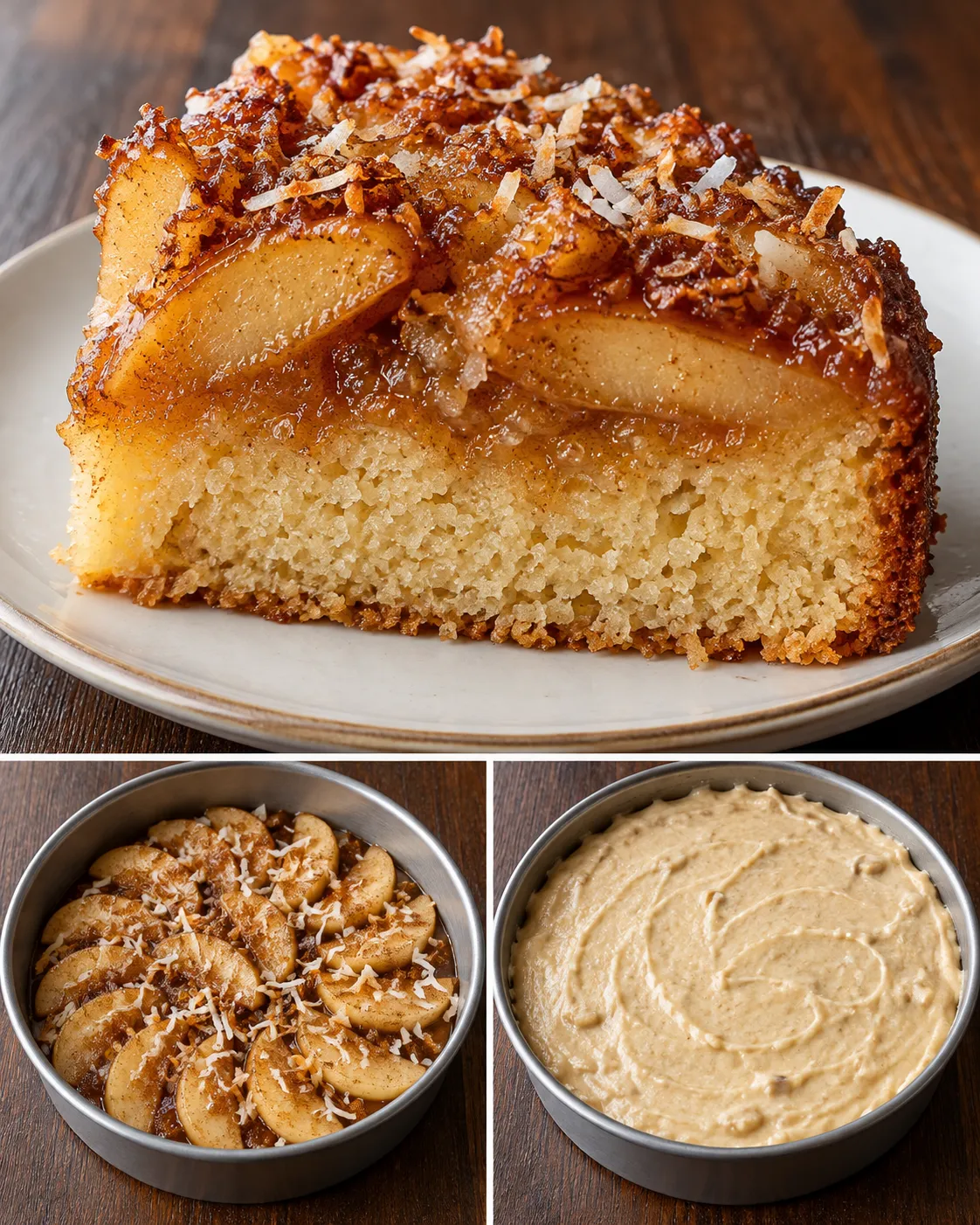 Upside-down fruit cake with apple and cinnamon — coconut