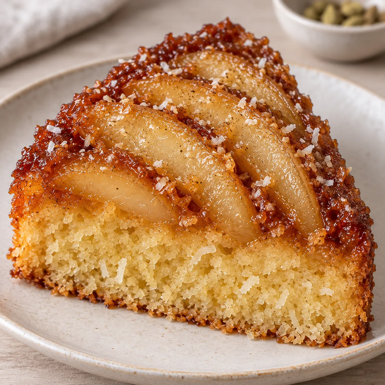 Upside-down fruit cake with pear and cardamom — coconut