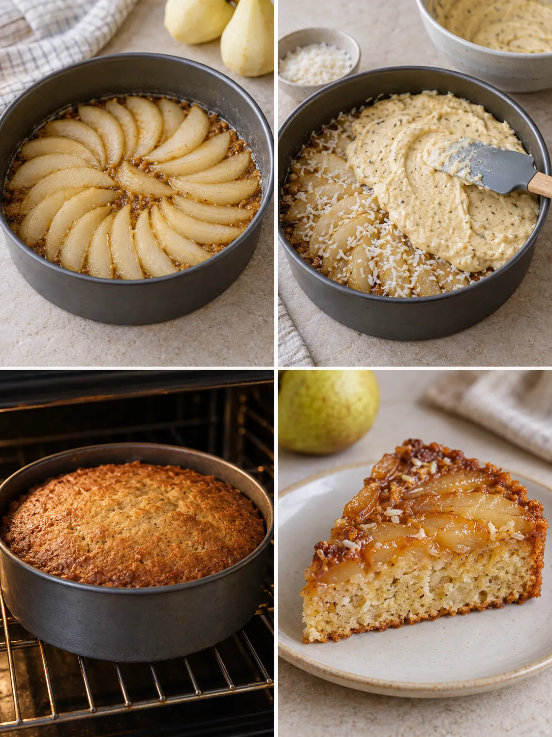 Upside-down fruit cake with pear and cardamom — coconut