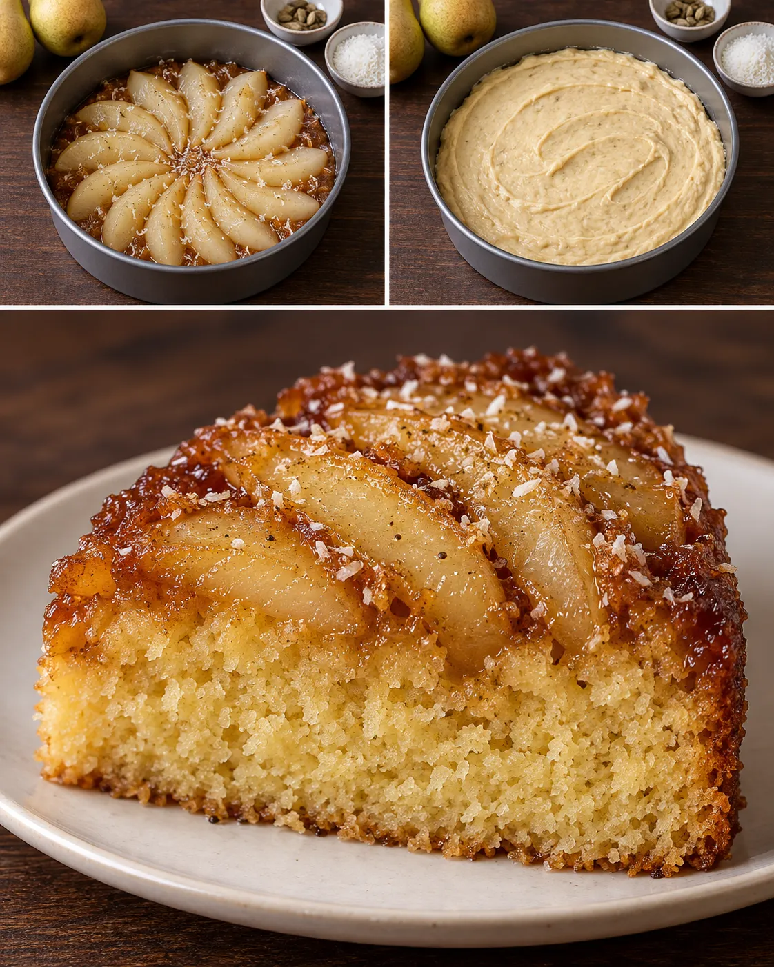 Upside-down fruit cake with pear and cardamom — coconut