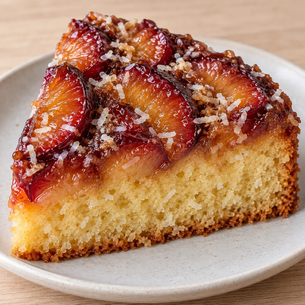 Upside-down fruit cake with plums and vanilla — coconut