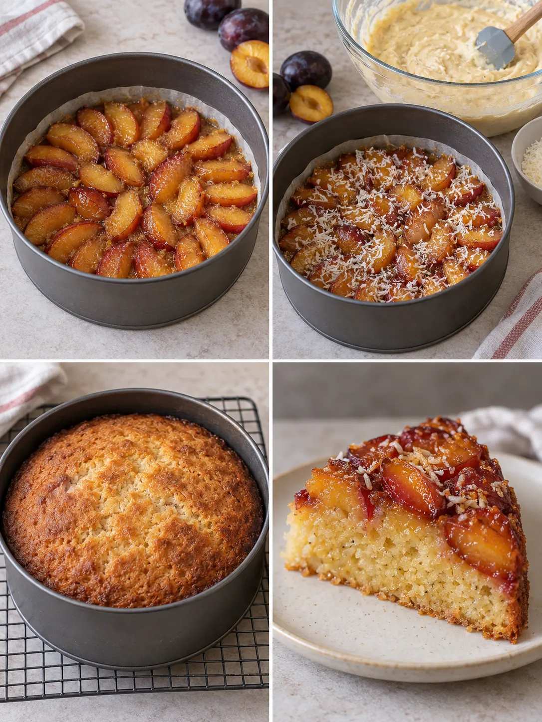 Upside-down fruit cake with plums and vanilla — coconut