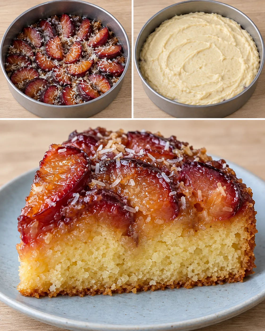 Upside-down fruit cake with plums and vanilla — coconut