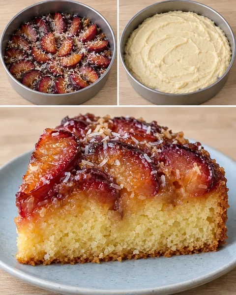 Upside-down fruit cake with plums and vanilla — coconut