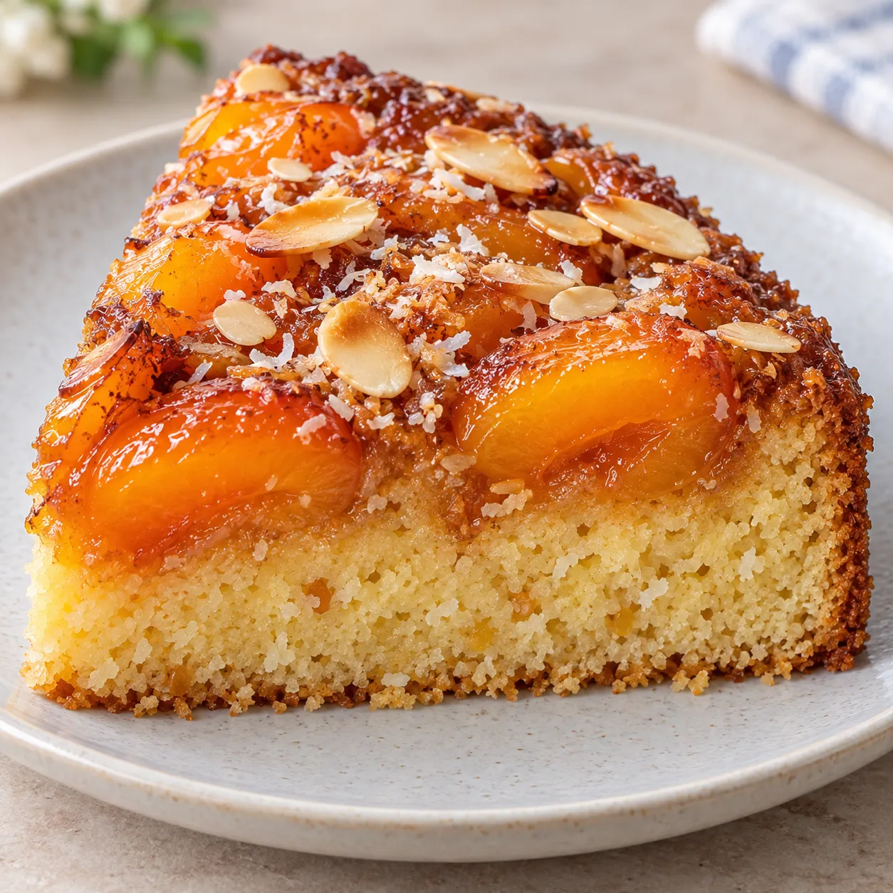Upside-down fruit cake with apricots and almonds — coconut