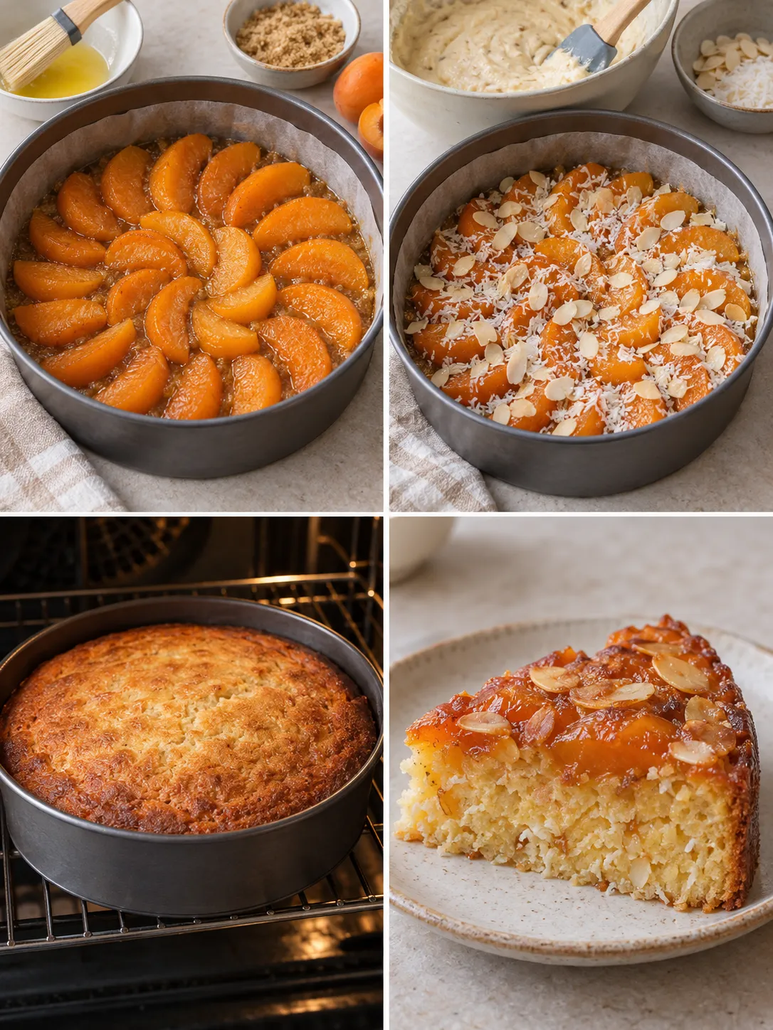 Upside-down fruit cake with apricots and almonds — coconut