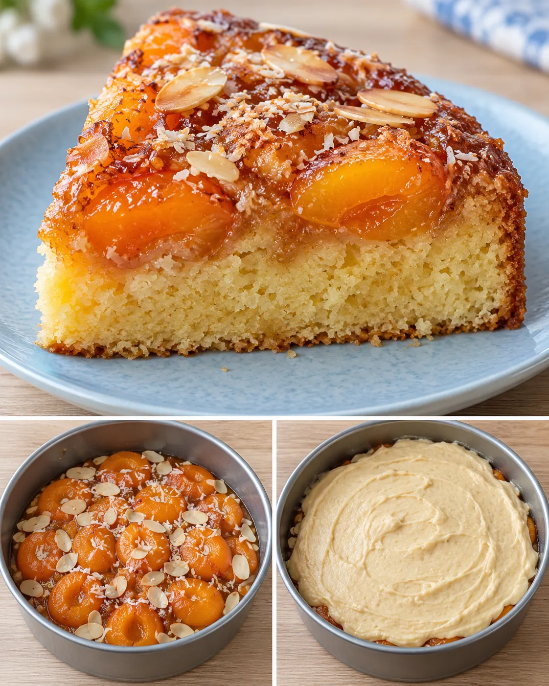 Upside-down fruit cake with apricots and almonds — coconut