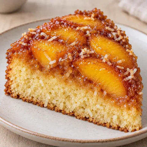 Upside-down fruit cake with peaches and vanilla — coconut