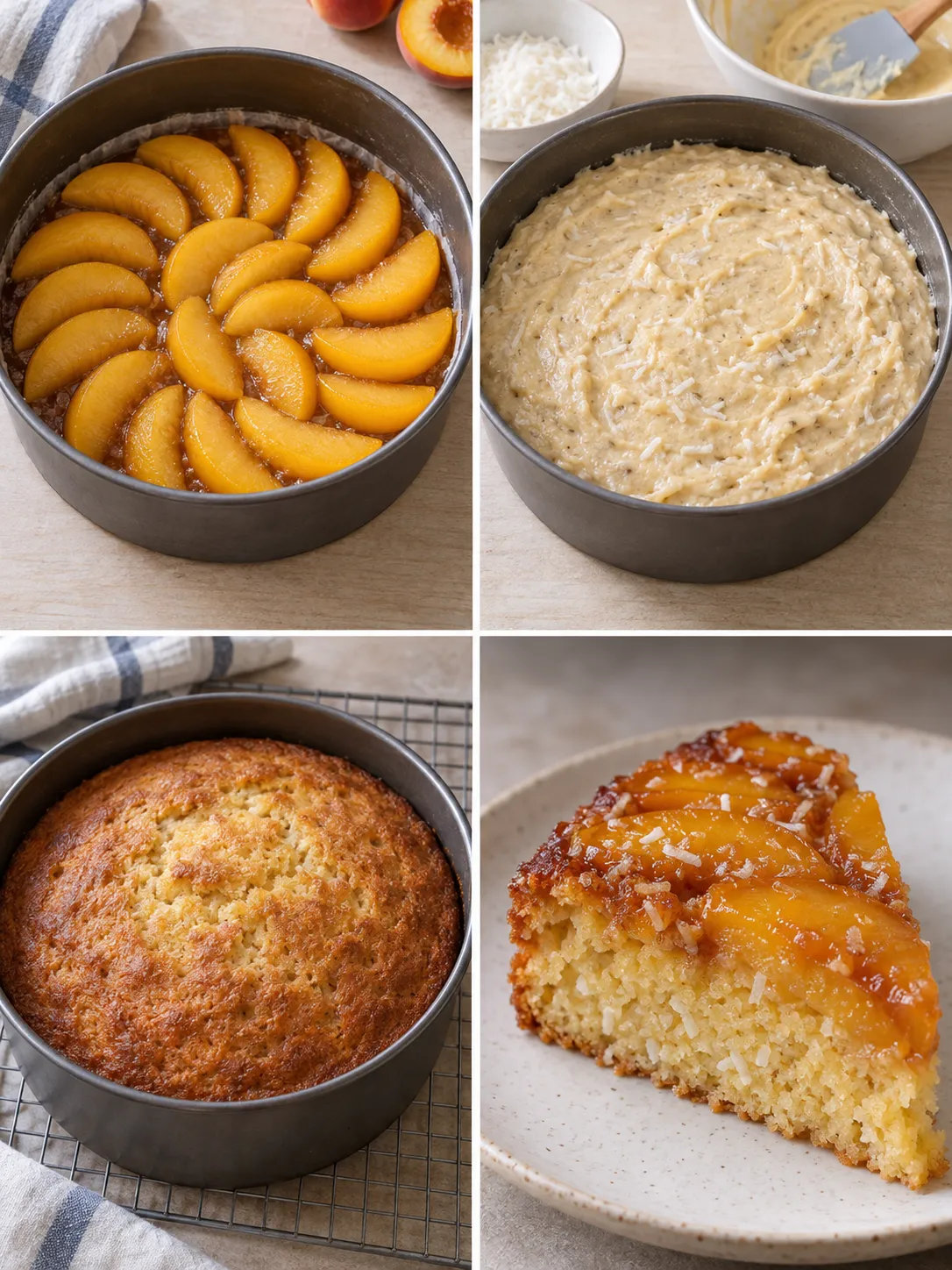 Upside-down fruit cake with peaches and vanilla — coconut