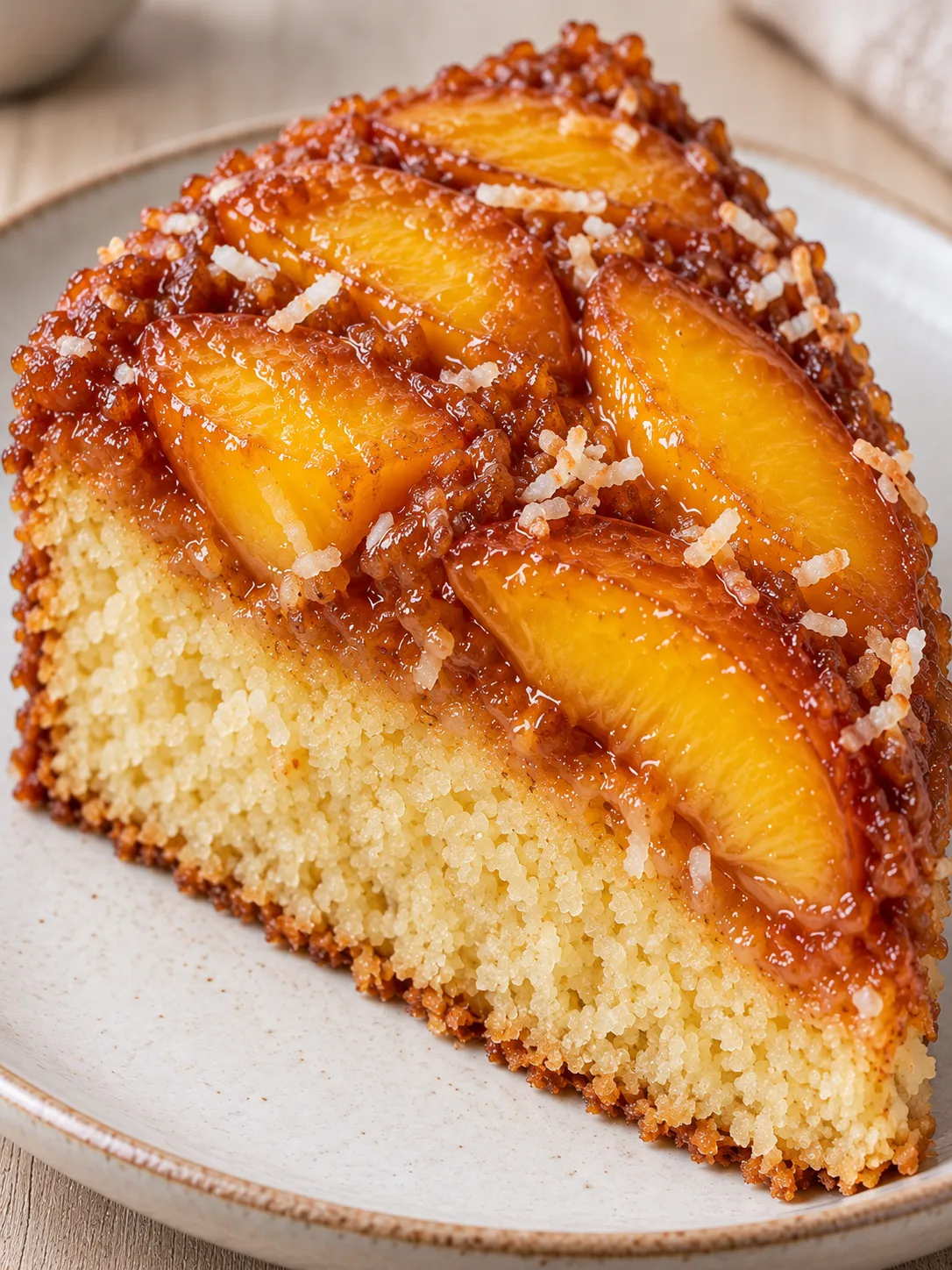 Upside-down fruit cake with peaches and vanilla — coconut
