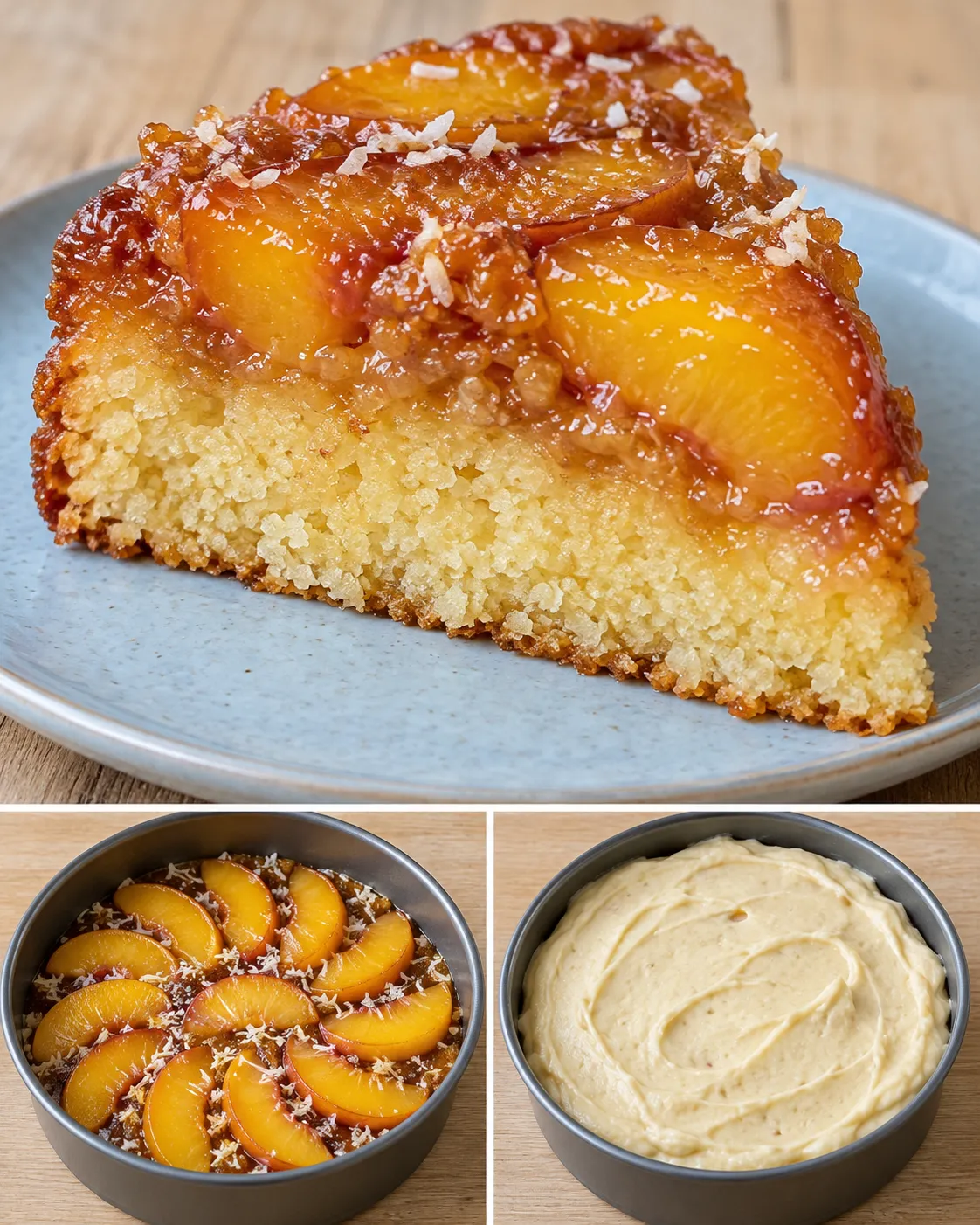Upside-down fruit cake with peaches and vanilla — coconut