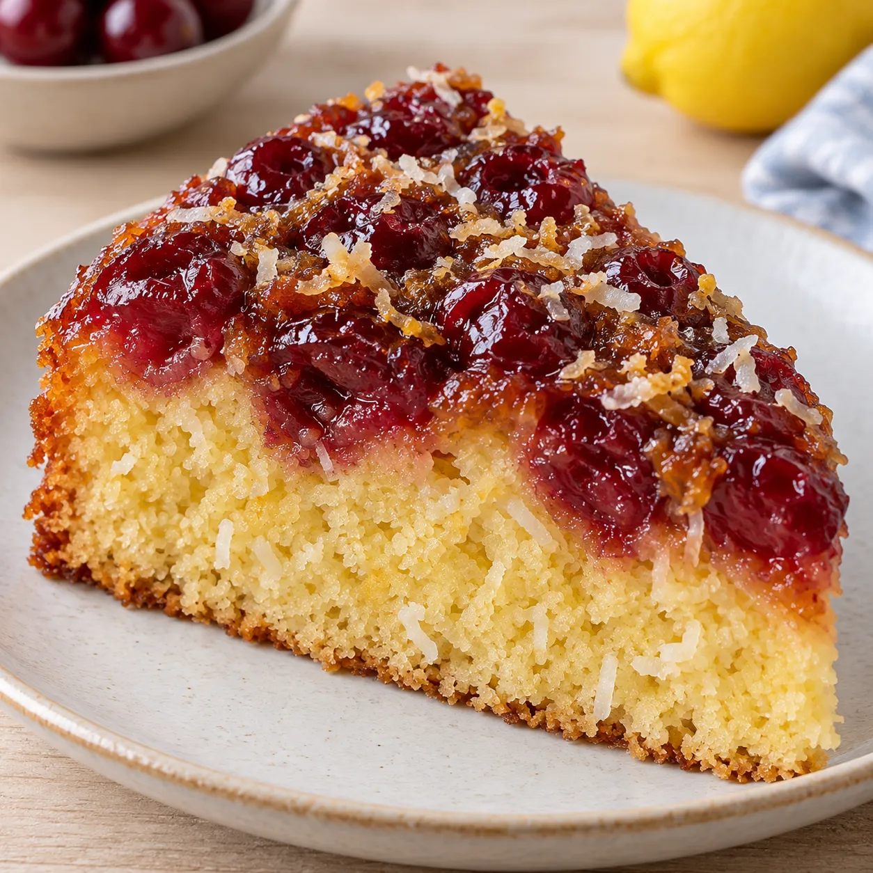 Upside-down fruit cake with cherries and lemon — coconut