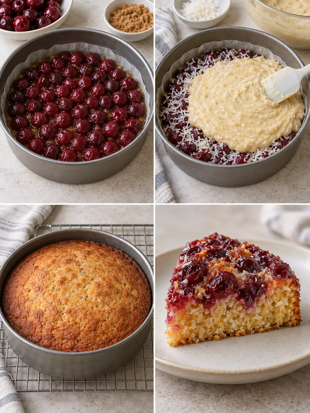 Upside-down fruit cake with cherries and lemon — coconut