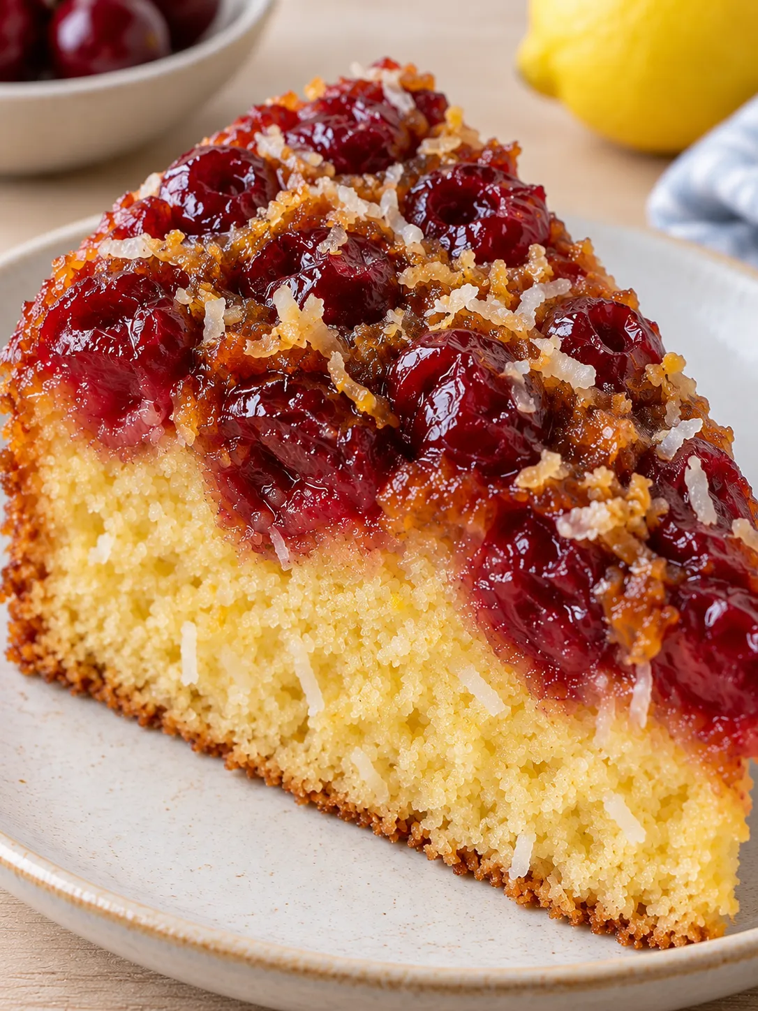 Upside-down fruit cake with cherries and lemon — coconut