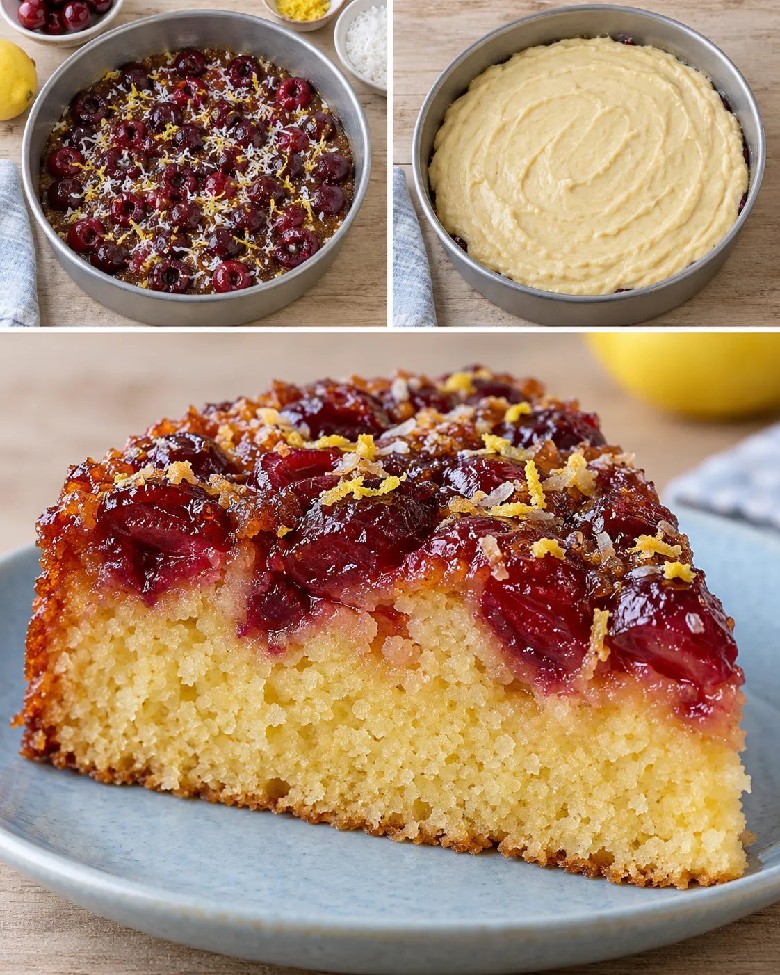 Upside-down fruit cake with cherries and lemon — coconut