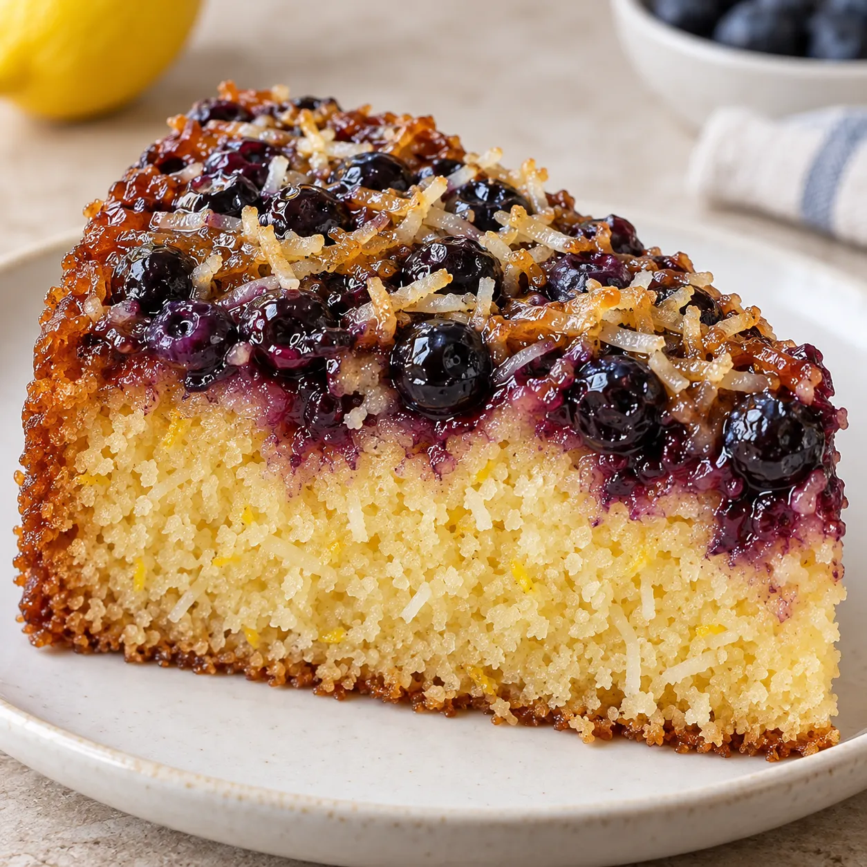 Upside-down fruit cake with blueberries and lemon — coconut