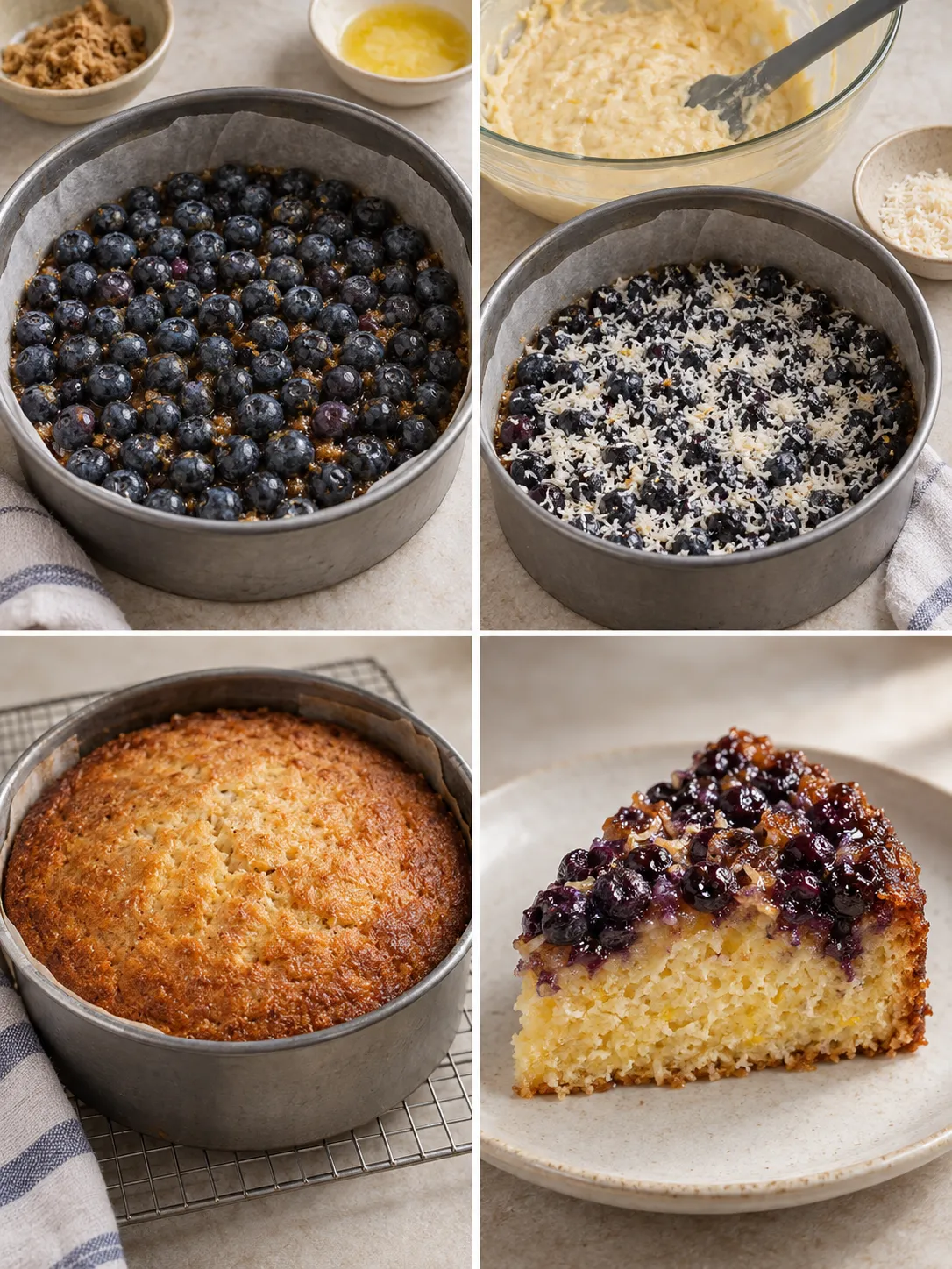 Upside-down fruit cake with blueberries and lemon — coconut