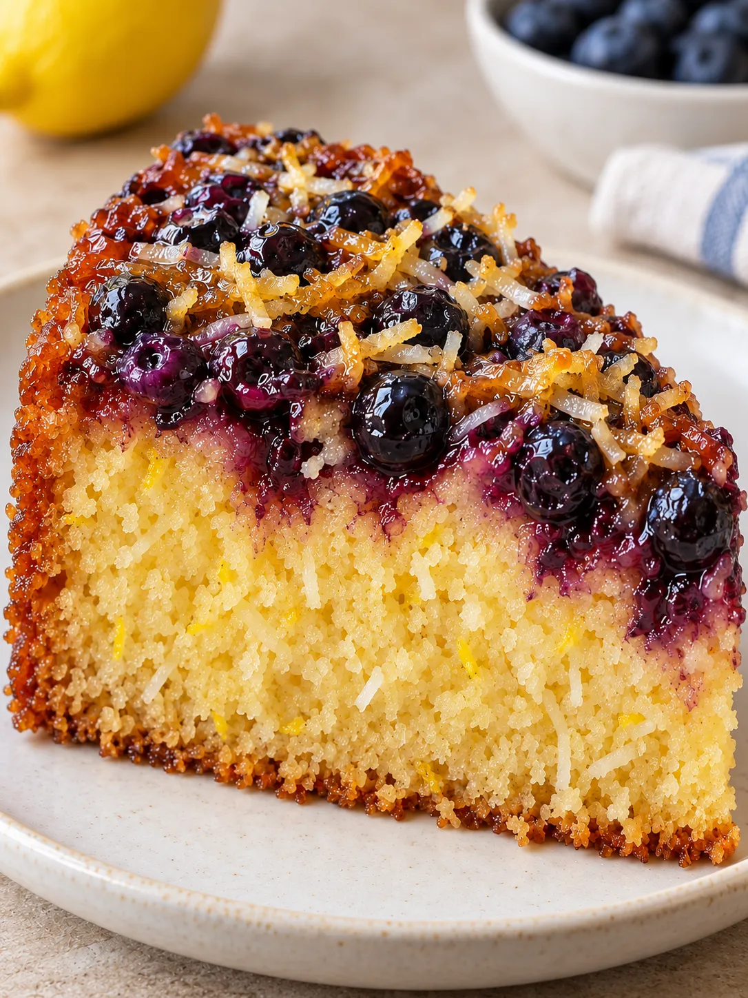 Upside-down fruit cake with blueberries and lemon — coconut