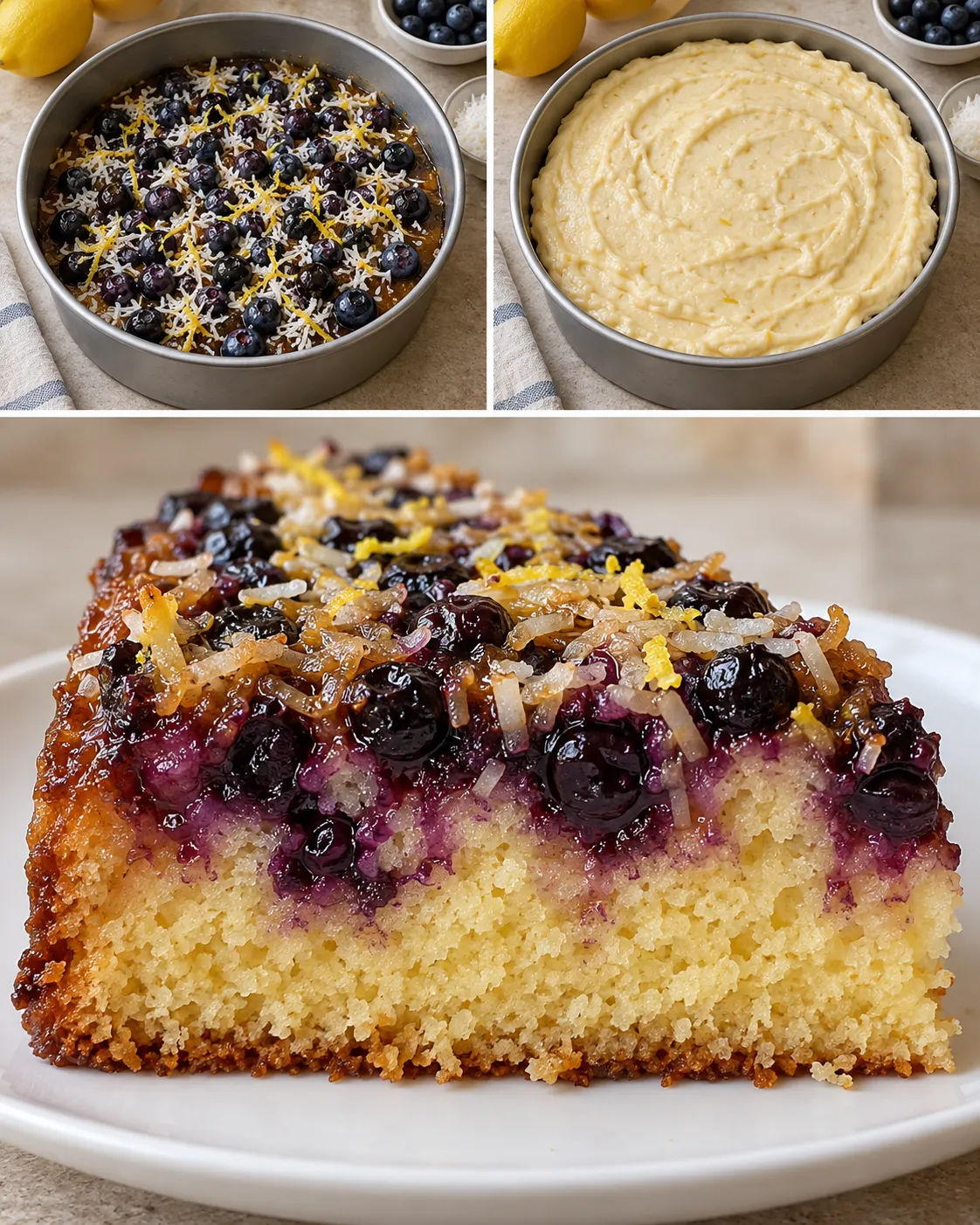 Upside-down fruit cake with blueberries and lemon — coconut
