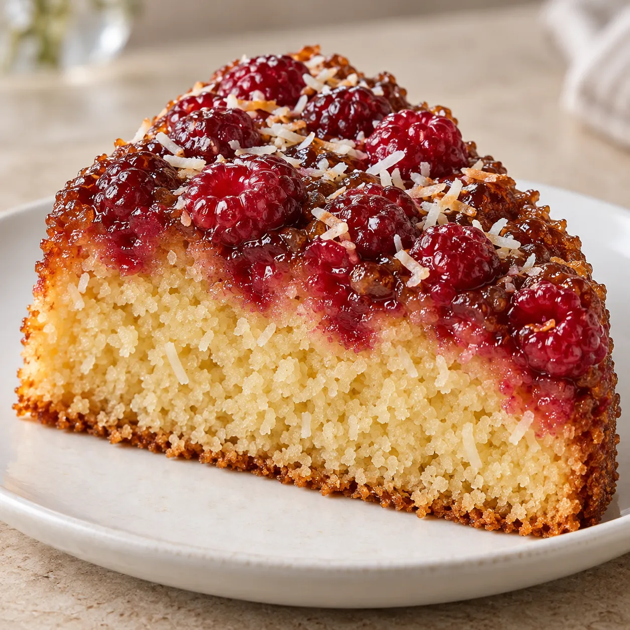 Upside-down fruit cake with raspberries and vanilla — coconut