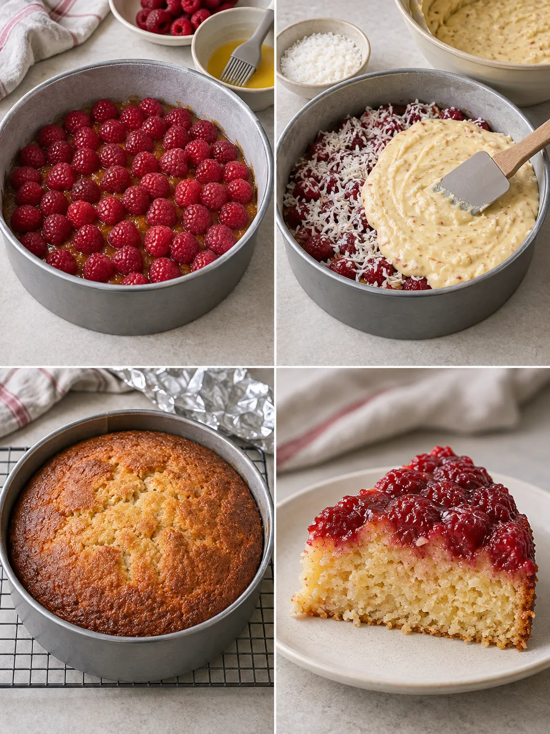 Upside-down fruit cake with raspberries and vanilla — coconut