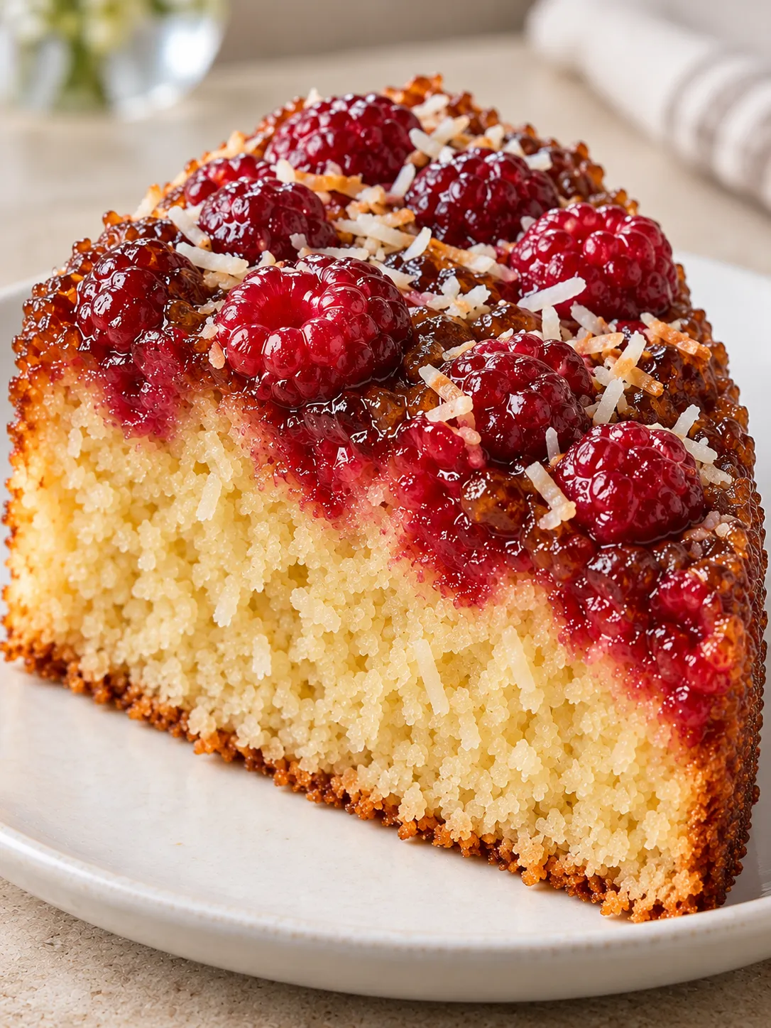 Upside-down fruit cake with raspberries and vanilla — coconut