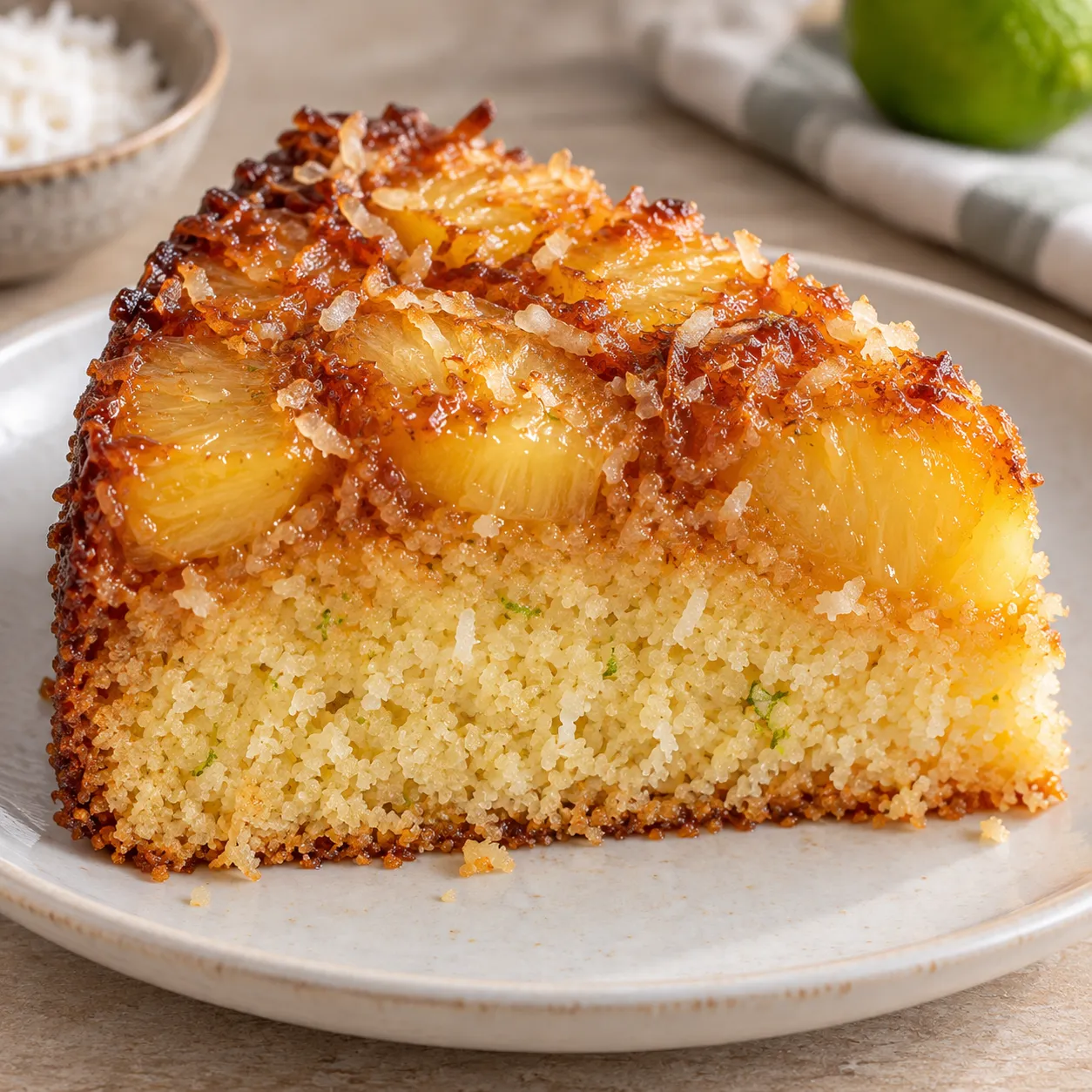 Upside-down fruit cake with pineapple and lime — coconut