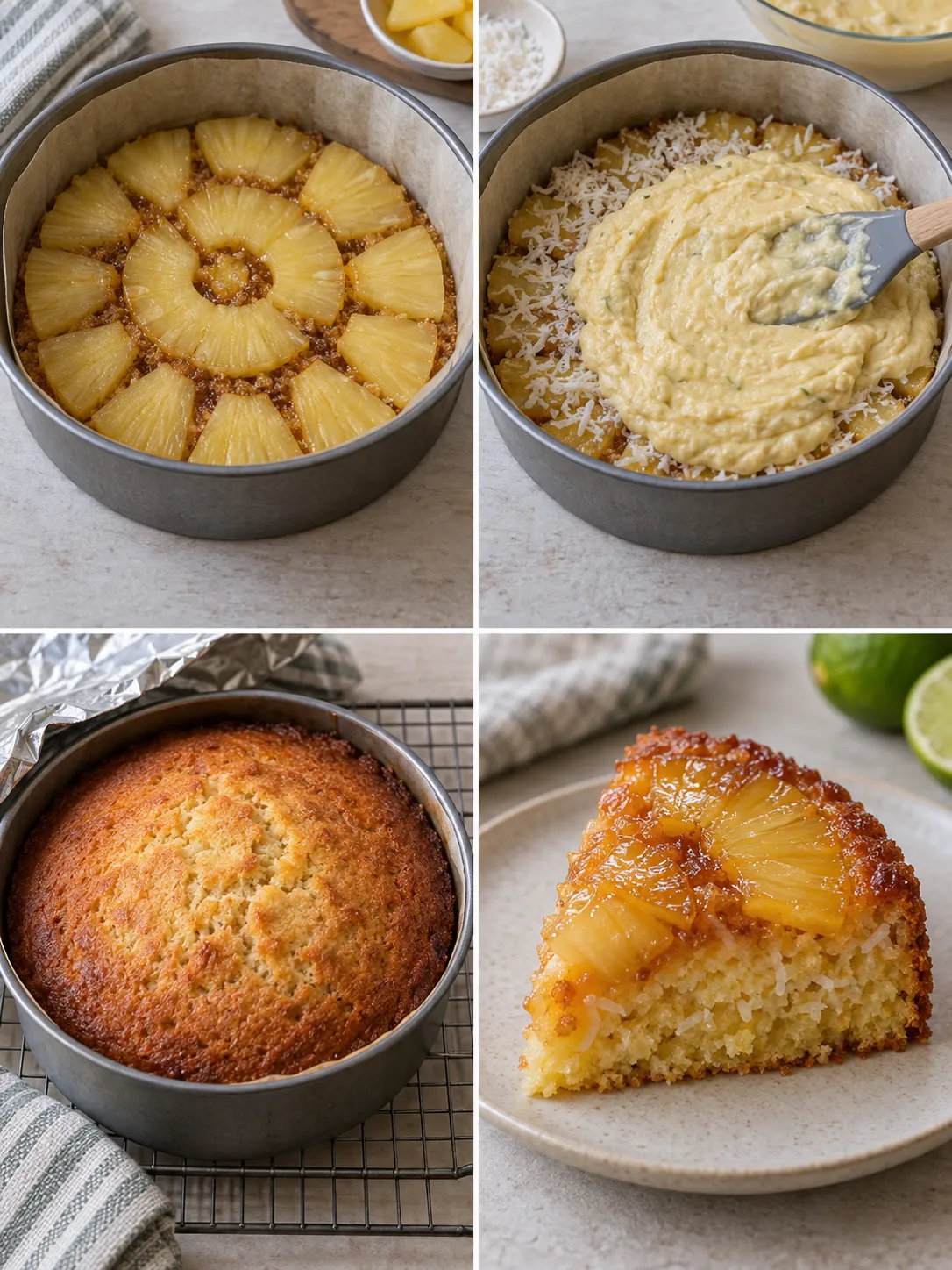 Upside-down fruit cake with pineapple and lime — coconut